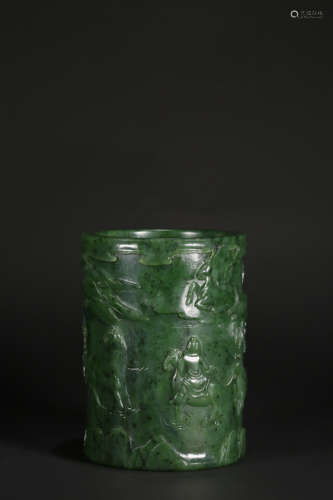 A SPINACH-GREEN JADE BRUSHPOT,QING DYNASTY