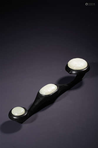 A CARVED ROSEWOOD INLAID WHITE JADE RUYI SCEPTER,QING DYNAST...