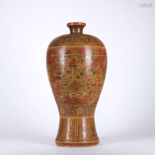 A red ground yellow glazed 'floral' vase