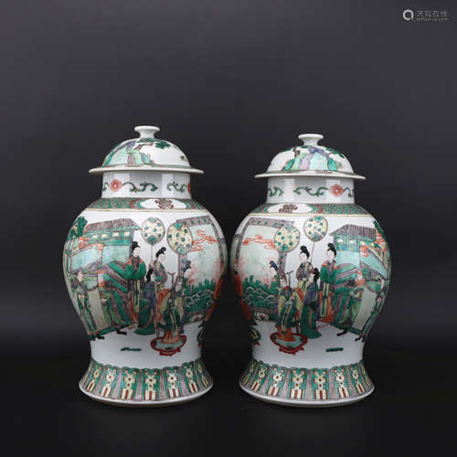 A pair of Wu cai 'figure' jar and cover