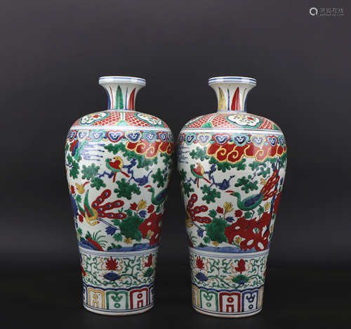 A pair of Wu cai 'phoenix' vase