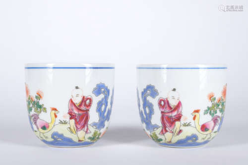 A pair of famille-rose 'figure and poems' cup