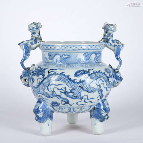 A blue and white 'dragon' censer