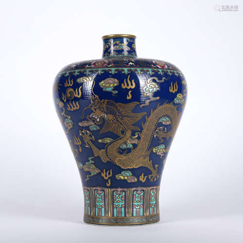 A blue glazed 'dragon' Meiping painting in gold