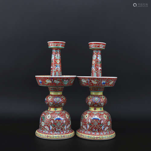 A pair of famille-rose 'floral' candlestick