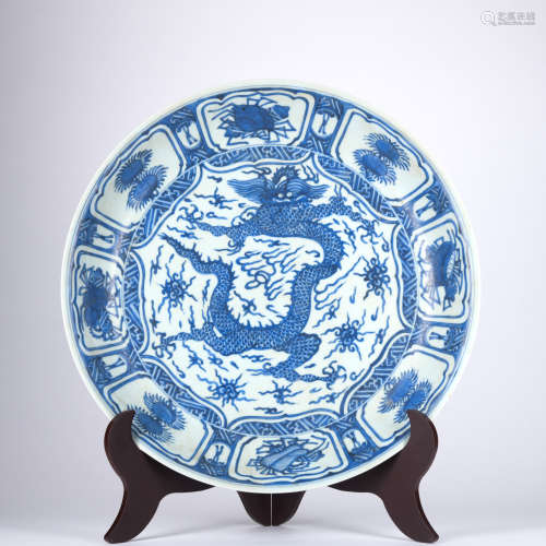 A blue and white 'dragon' dish