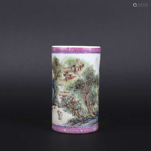 A enamel 'landscape' pen container