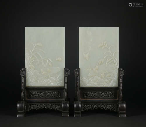 A pair of jade 'figure and poems' screen