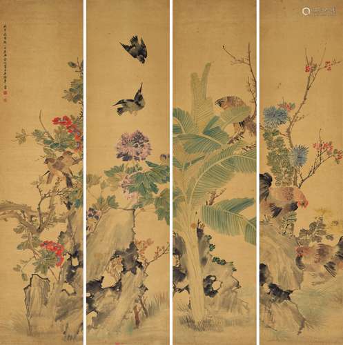 金城（1878-1926） 設色花鳥四屏