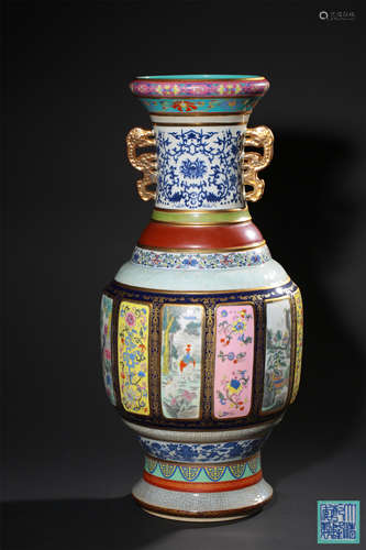 A MONUMENTAL MULTI-GLAZED ‘FOLWER AND LANDSCAPE’VASE,MARK AN...