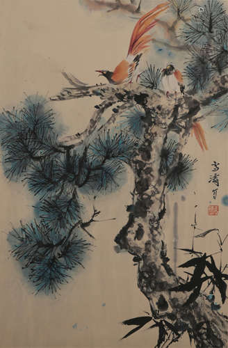 A FLOWER AND BIRD PAINTING
PAPER MOUNTED WANG XUETAO MARK