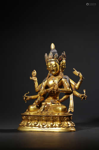 A GILT-BRONZE FIGURE OF AVALOKITESHVARA,QING DYNASTY