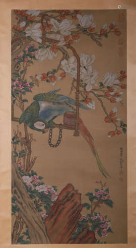 A FLOWER AND BIRD PAINTING
 PAPER SCROLL
YUN SHOUPING MARK