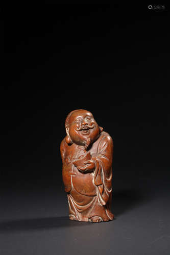 A CARVED BOXWOOD FIGURE OF LONGEVITY IMMORTAL,QING DYNASTY