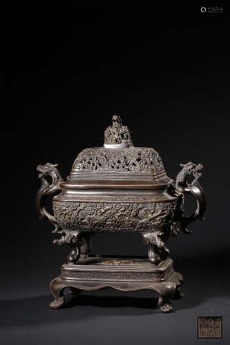 A BRONZE CENSER,COVER AND STAND,XUANDE MARK ,QING DYNASTY