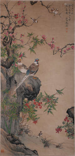 颜伯龙 花鸟
A FLOWER AND BIRD PAINTING
 PAPER SCROLL
YAN BOL...