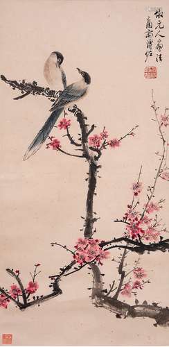 A FLOWER AND BIRD PAINTING
 PAPER SCROLL PU ZUO MARK