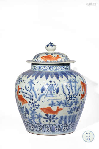 AN IRON-RED BLUE AND WHITE JAR,MARK AND PERIOD OF MING