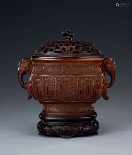 清中期    竹雕仿青銅饕餮紋雙獸耳簋式爐