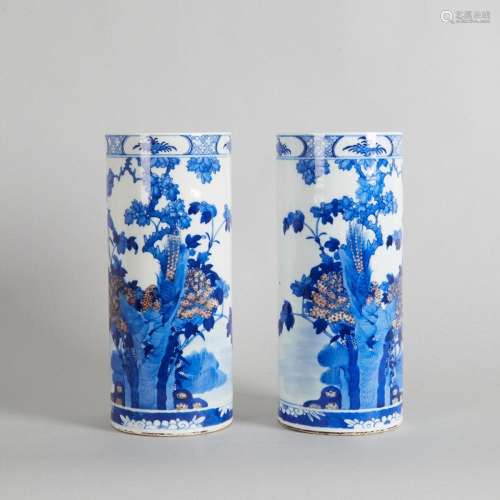 A Pair of Chinese Qing Dynasty Underglaze-Blue and Copper-Re...