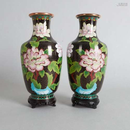A Pair of Chinese Black Ground 'Floral' Cloisonne Va...