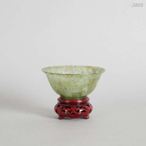 A Chinese Green Jade Carved Bowl and Wood Stand