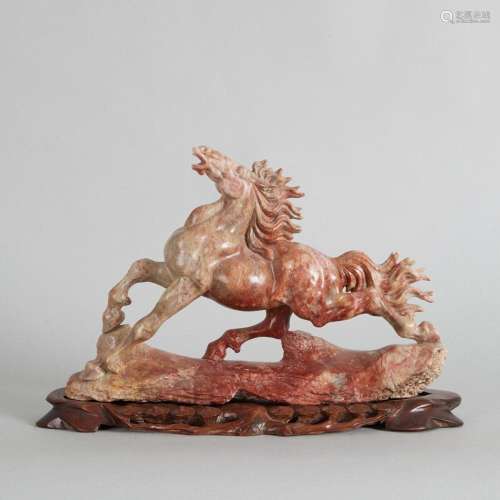 A Chinese Soapstone Carved Horse with stand