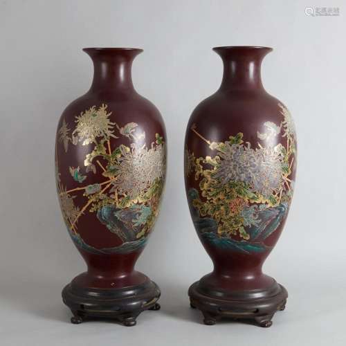 A Pair of Japanese Lacquered 'Floral' Vases
