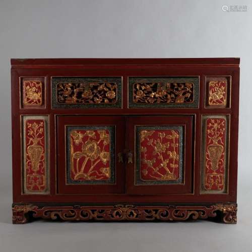 A 19th Century Chinese Late Qing Dynasty Red Lacquered and G...