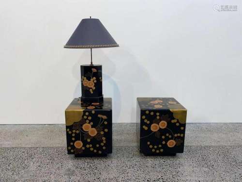 A Pair of Japanese Lacquered Plinths and A Lamp