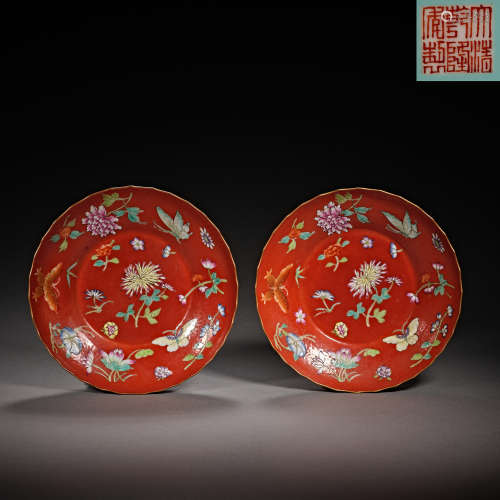 中國清代，红釉花卉盘