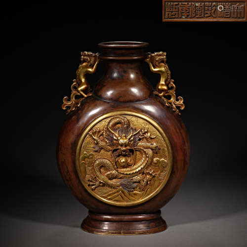 中國清代，铜鎏金双耳瓶
