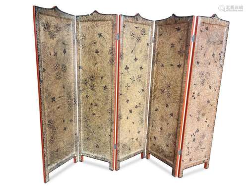 Good Burmese Red Lacquer Five Panel Screen,