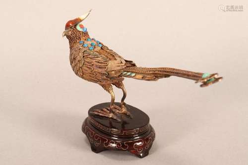 Chinese Sterling Silver & Enamel Pheasant,