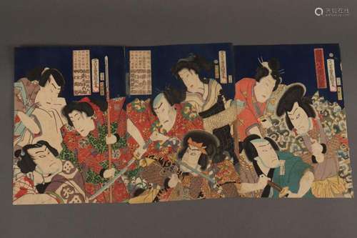 Original Japanese Woodblock Triptych Toyokuni III,