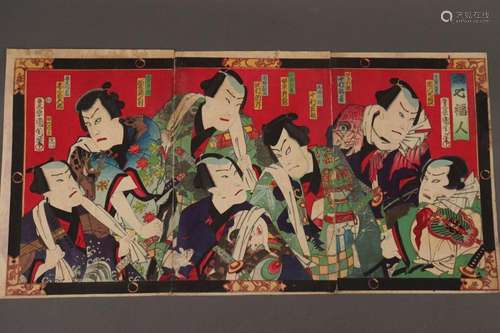 Original Japanese Woodblock Triptych by Kunichika,