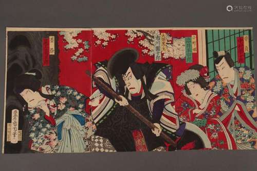 Original Japanese Woodblock Triptych by Kunichika,