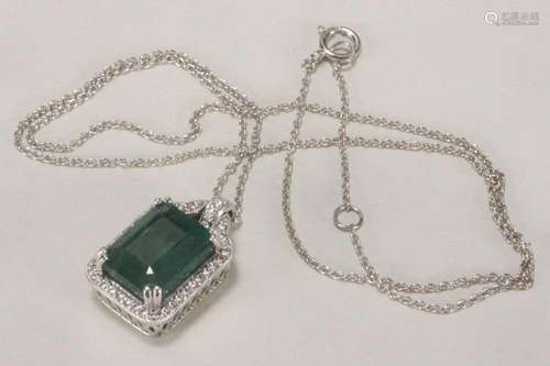 14ct White Gold, Emerald and Diamond Pendant,