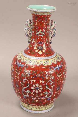 Chinese Red Ground Famille Rose Porcelain Vase,