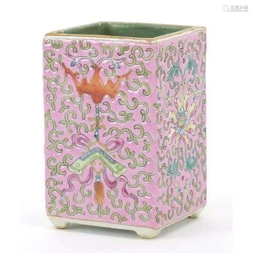 Chinese porcelain pink ground square section brush pot hand ...
