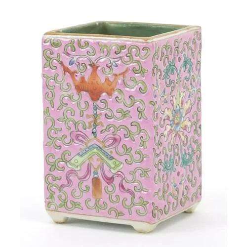 Chinese porcelain pink ground square section brush pot hand ...