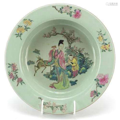 Chinese celadon glazed porcelain basin hand painted in the f...