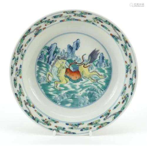 Chinese wucai porcelain shallow bowl hand painted with a hor...