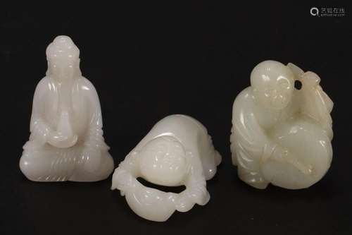 Three Chinese White Jade Figures,