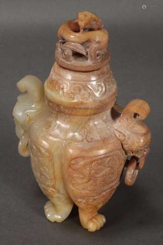 Chinese White Jade Twin Handled Vase and Cover,