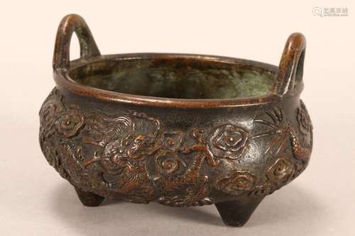 Chinese Twin Handled Bronze Censer,