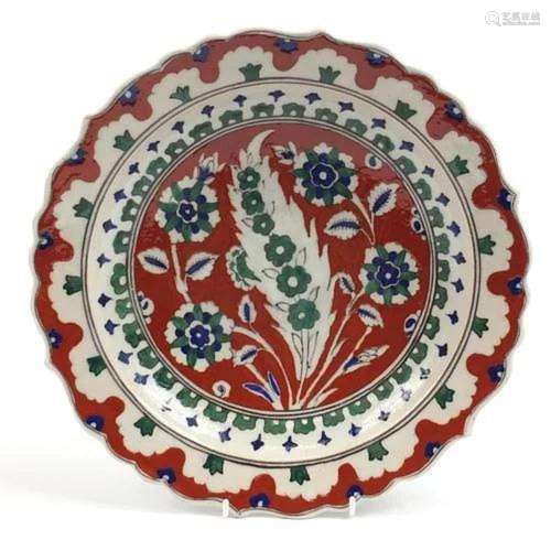 Turkish Iznik pottery plate hand painted with flowers, 32cm ...