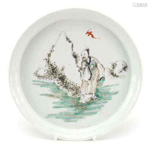 Chinese porcelain dish hand painted with a monk in a landsca...