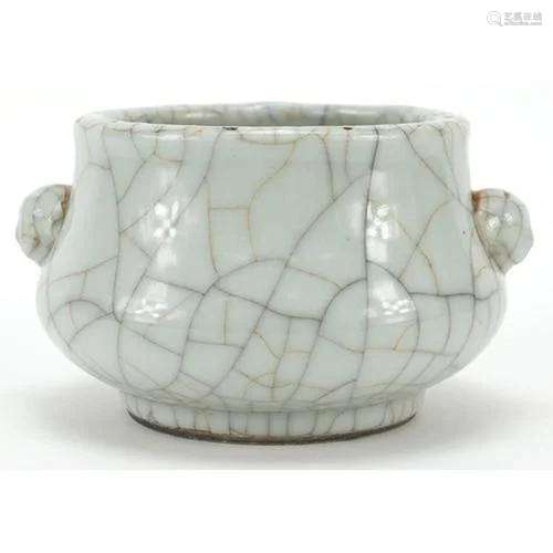 Chinese Ge ware type porcelain censer with animalia handles,...