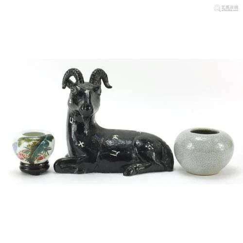 Chinese porcelain including a recumbent goat and brush washe...